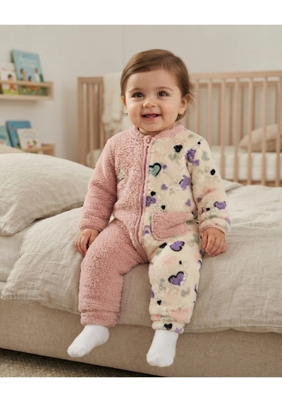 Tuffy Kids Kız Bebek Pembe Ekru Kelebek Desenli Fermuarlı Tulum Çok Renkli