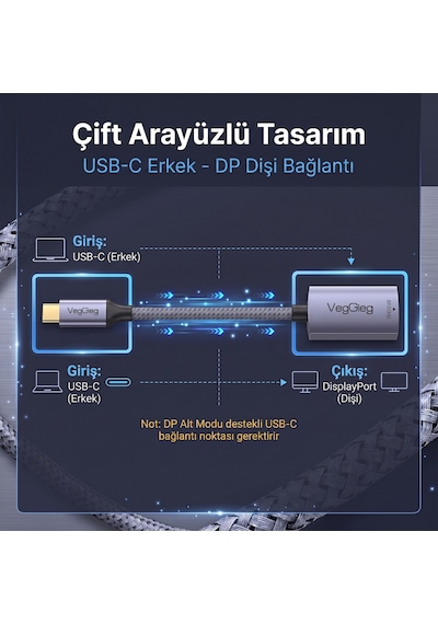 Veggieg Type-c To Displayport Dp 8k 60hz Ofc Bakır Çevirici Dönüştürücü Adaptör