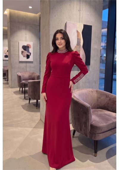Dorne Moda Taş İşlemeli Yaka Ve Kol Detaylı Uzun Davet Elbisesi Kırmızı Kırmızı