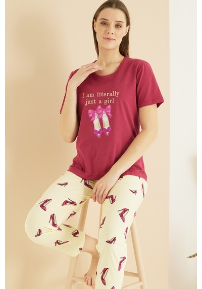 Siyah İnci Pamuklu Bisiklet Yaka Örme Pijama Takım25103208 Vişne Rengi
