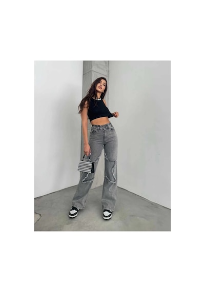 Kene Jeans Yüksek Bel Bacak Yıldızlı Bol Paça Jeans Kar Siyah