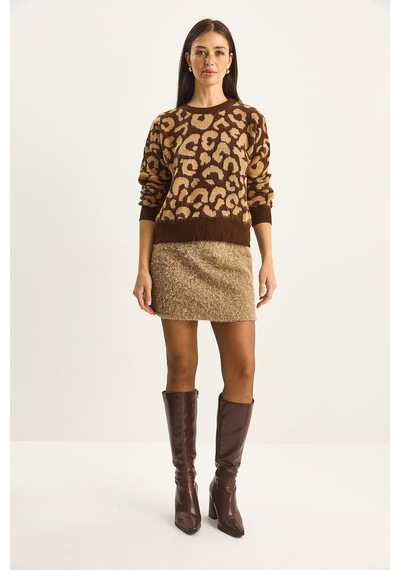 Shade Kadın Leopar Desenli Bisiklet Yaka Şardonlu Basic Triko Kazak 60285010 - Kahverengi-camel Çok renkli