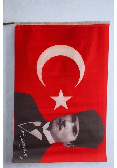 50x75 Cm Kalpaklı Atatürk Raşel Kumaş Sopalı Türk Bayrağı 5 Adet 50 x 75 CM