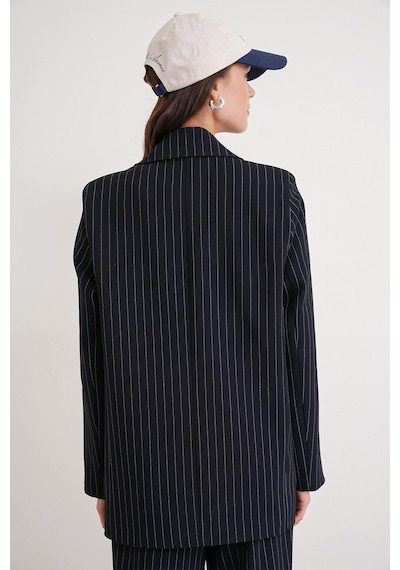 Mixray 4753 Kadın Çizgili Oversize Blazer Ceket Lacivert