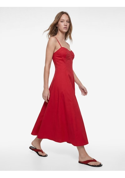 Koton Slim Fit Kalp Yaka Kolsuz Pamuklu İp Askılı Volanlı Poplin Uzun Elbise Kırmızı 6sal80096ıw Kırmızı