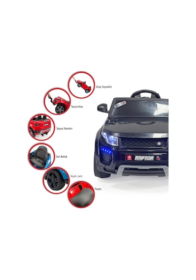 Raptor Gt 12 Volt Uzaktan Kumandalı Mp3 Bluetooth Destekli Otomatik Fren Sistemli Çocuk Akülü Araba Siyah