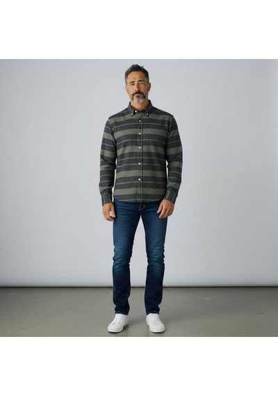 Klasik Cotton Uzun Kollu Terletmeyen Kışlık 2 Renkli Çizgili Gömlek Regular Kalıp Yeşil