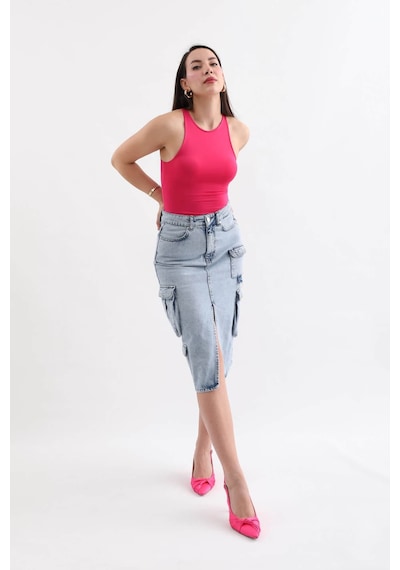 Banny Jeans Kadın Kargo Cepli Önden Yırtmaçlı Jean Etek Buz Mavi 001