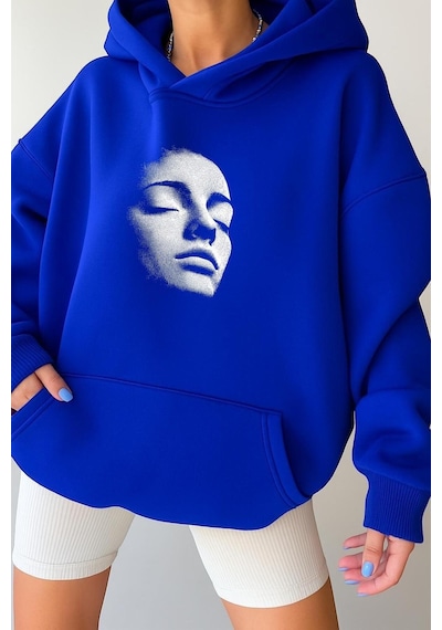 Benroma 3 İplik Penye Silüet Unisex Kapüşonlu Sweat Saks Mavisi