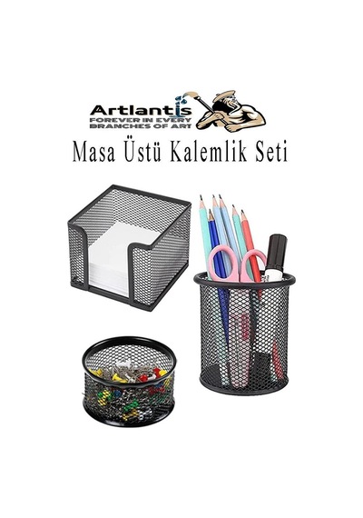 Masa Üstü Siyah Fileli Kalemlik Seti 3 Parça 1 Paket 3 Lü Masa Üstü Düzenleyici Kalemlik Küp Notluk Ataşlık