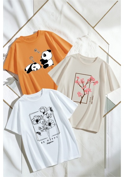 Uyguntarz Unisex Turuncu Beyaz Bej 3'lü Tasarım Tshirt Seti Çok Renkli