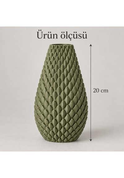 Kabartma Desenli Dekoratif Vazo 20 Cm Modern Tasarım Haki