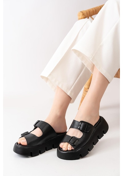 Asmi Shoes Kadın Çift Bantlı Kalın Taban Ortopedik Terlik Siyah Siyah