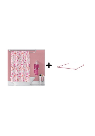Banyo Perdesi 6811 1x180x200, Perde Borusu Askı Aparatı Köşe Boru Pembe Hediyeli, Duş Perdesi Seti Pembe