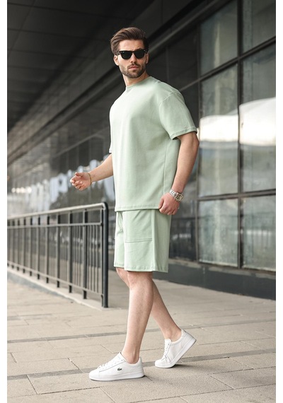 Madmext Çağla Yeşili Bisiklet Yaka Oversize Erkek Şort T-shirt Takım E7355 Çağla Yeşili