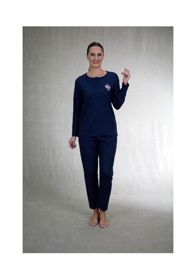 Estiva Kadın Nakış İşlemeli Patlı İnterlok Şardonlu Pijama Takımı Lacivert