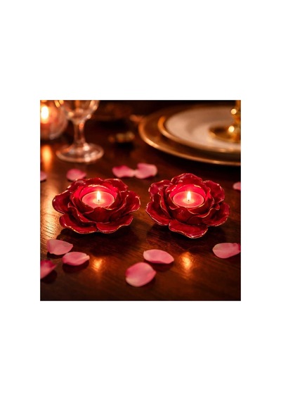 Kırmızı Gül Şeklinde Mumluk 2 Li Set Romantik Dekoratif Tealight Mumluk Seti Kırmızı