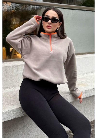 Tommy Life Koyu Bej Yarım Fermuar Etek Ucu Büzgülü Dik Yaka Oversize Kadın Polar Sweatshirt - 97234 Koyu Bej