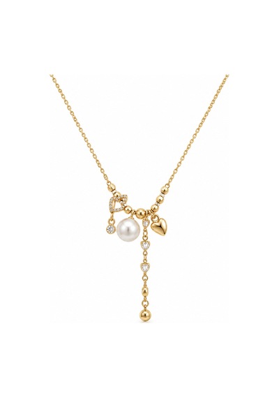 Pearl Collection Amélie İnci Ve Kalp Figürlü Sallantılı Gold Çelik Kadın Kolye Altın Altın