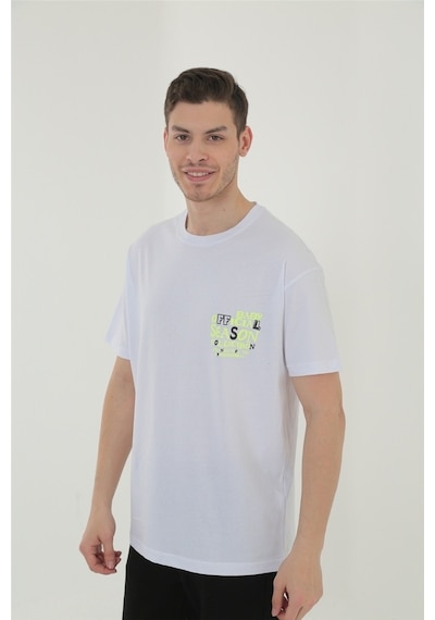 Erkek Baskılı Bisiklet Yaka T-Shirt - Beyaz