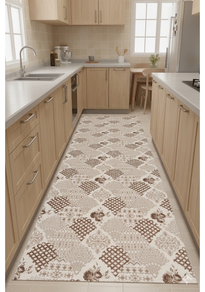 Villadia Home Textile Kaymaz Taban Modern Desen Halı Yolluk Leke Tutmaz Kolay Temizlenir Koridor Salon Yatak Mutfak Odası Vd1101bej Bej