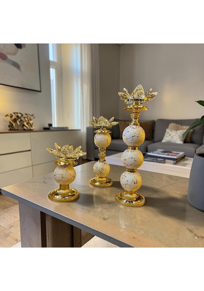 Sleep Nova Lotus Kristal Şamdan Mumluk Gold Beyaz Mermer Desenli