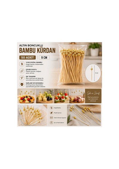Gold Boncuklu Bambu Kürdan 9 Cm 50 Adet - 913891369