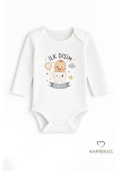 Babyden's İlk Dişim Çıktı Baskılı Uzun Kol Bebek Body %100 Pamuk Unisex Diş Buğdayı Konsept Çıtçıtlı Zıbın Beyaz