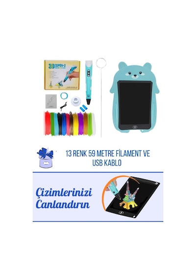 Mavi 3D Kalem & Mavi Tavşan Grafik Panda Tablet Seti – 50 Metre Filament ve USB Kablo