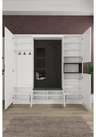 Lüks Aynalı Portmanto Askılı Vestiyer %100 Mdf Çok Raflı Ayakkabılık V04 Beyaz - Antrasit Lüks Aynalı Portmanto Askılı Vestiyer %100 Mdf Çok Raflı Ayakkabılık V04 Beyaz - Antrasit