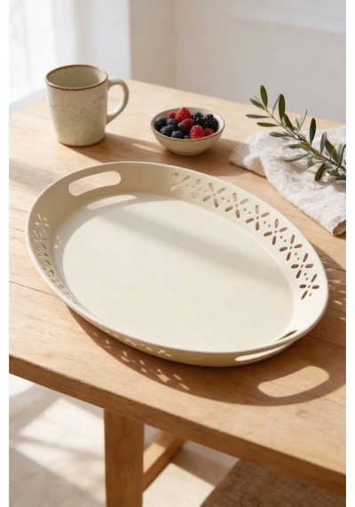 Oval Metal Servis Ve Sunum Tepsisi, Büyük Tepsi, Çay Kahve Tepsisi Krem