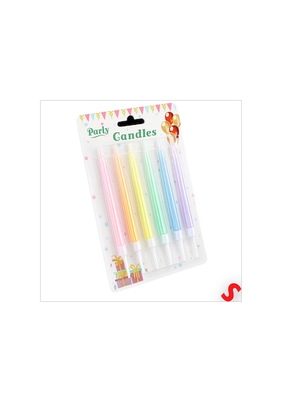 Makaron Renkli Sedef İnce Pasta Mumu 12 Cm - 6 Adet Karışık Renkli