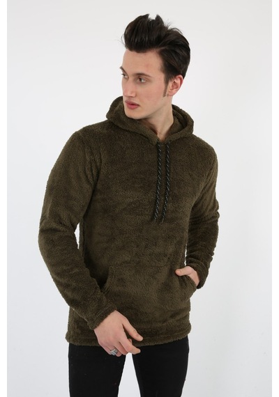 Modish Kapşonlu Kanguru Cepli Erkek Günlük Pelüş Sweatshirt Haki