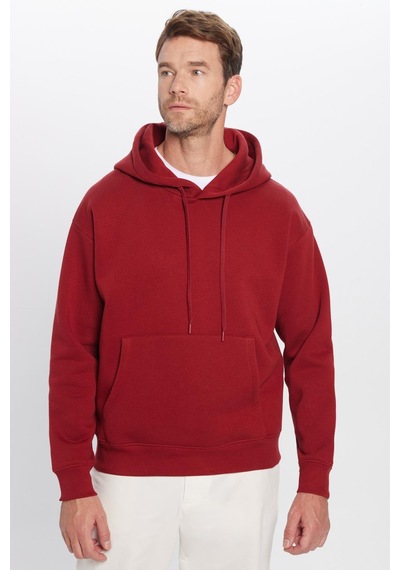 Tudors Unisex Oversize Geniş Kesim Pamuklu Yumuşak Dokulu İçi Polarlı Basic Bordo Kapüşonlu Sweatshirt-31468 Bordo
