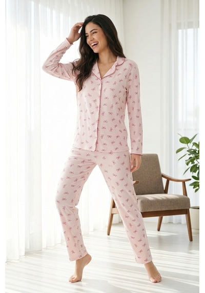 Mataş Kadın Pembe Çiçek Desenli Bambu Viskon Uzun Kollu Soft Örme Pijama Takımı