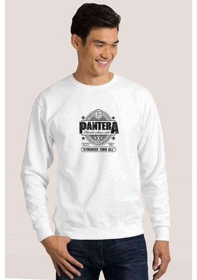 Pantera Stronger Than All Baskılı Beyaz Erkek Örme Sweatshirt
