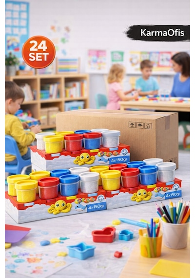 Kidz 24 Lü 4x150 Gr Büyük Boy Oyun Hamuru Koli Toplam 96 Kutu 4 Renk Kurumsal Mega Paket Beyaz