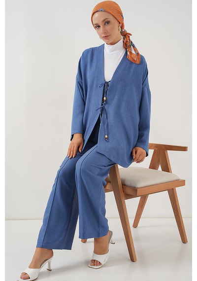 Bigdart Kadın Keten Kimono İkili Takım 6727 - İndigo