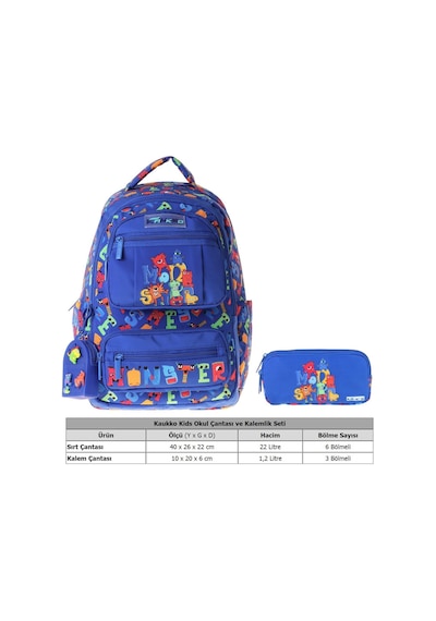 Kaukko Kids Monster Mavi Erkek Çocuk İlkokul Sırt Çantası Ve Kalem Çantası Seti - Setkk-l5404c