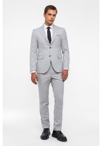 Süvari Gri Slim Fit Desenli Sivri Yaka 6 Drop Klasik Takım Elbise
