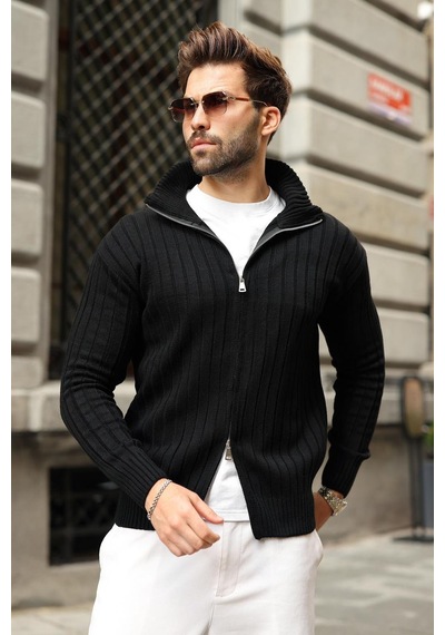 Madmext Siyah Çift Fermuarlı Slim Fit Çizgili Erkek Triko Hırka E7522