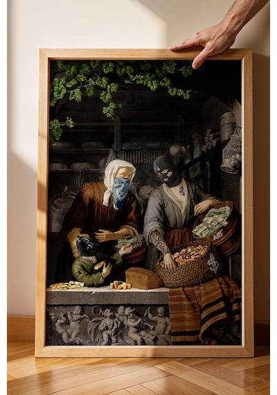 Modern Art Para Temalı Maskeli Figürler Çerçeveli Tablo Ofis Ve Ev Hediyesi Şık Dekor Modifiye Sanat
