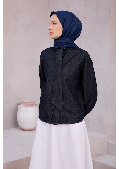 BELLİ Çiçek Desen İpek Twill Eşarp 4203d01 Lacivert -05