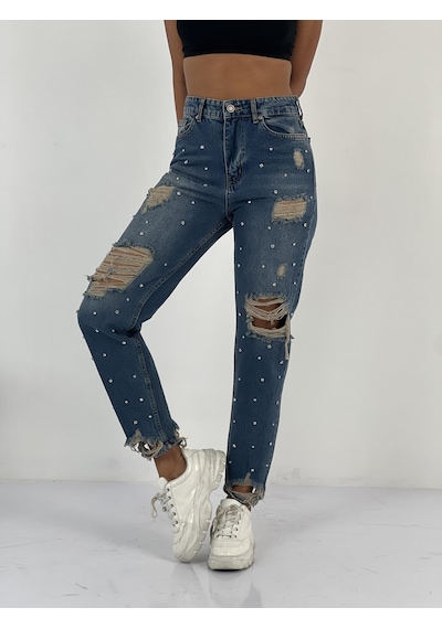 Miss Poem Kadın Taş Detaylı Lacivert Denim Kot Pantolon Lacivert