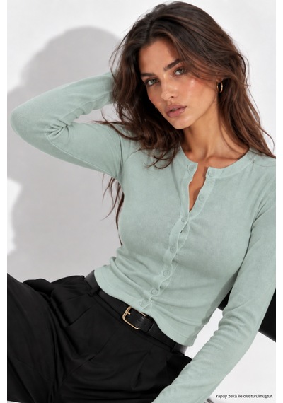 Wild Bee Kadın Mint Pamuklu Vücudu Saran Düğmeli Basic Hırka Bluz Mint Yeşili