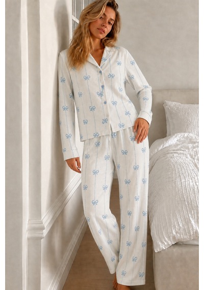 Fit Women Kadın Desenli Düğmeli Uzun Kollu Beyaz Pijama Takımı