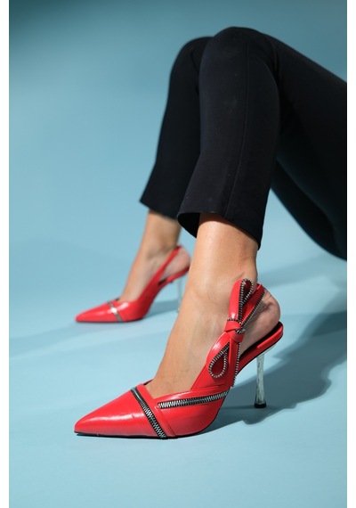 Luvishoes Glen Kırmızı Cilt Fermuar Detaylı Kadın Yüksek Topuklu Ayakkabı Kırmızı