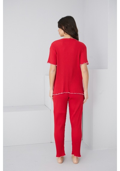 Siyah İnci Mevsimlik İnce Fiyonklu Pijama Takım7879 Kırmızı