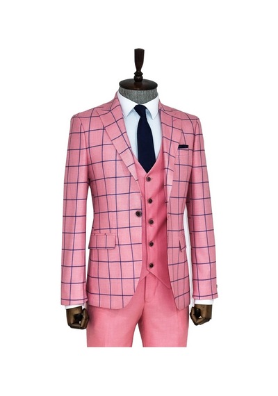 Wessi Ekose Ceketli Slim Fit Pembe Erkek Kombinli Takım Elbise Pembe