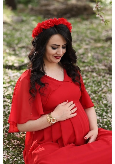 Modalabio Moda Labio- Babyshower Melek Kol Hamile Elbisesi Kırmızı